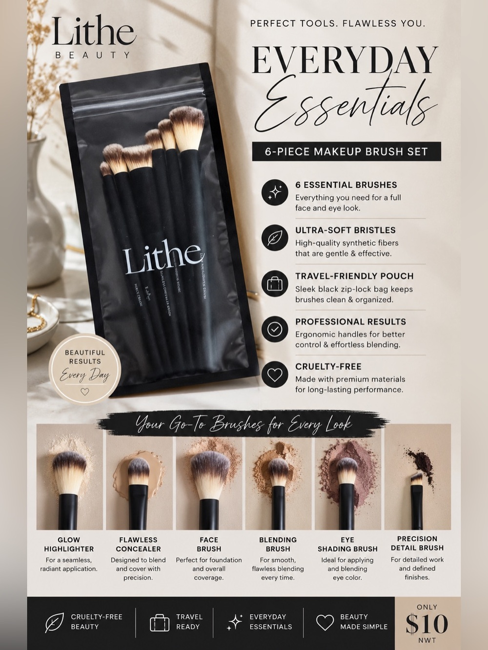 Lithe Beauty Everyday Brush Set 6 Piece Essential Makeup Brush Collection NWT